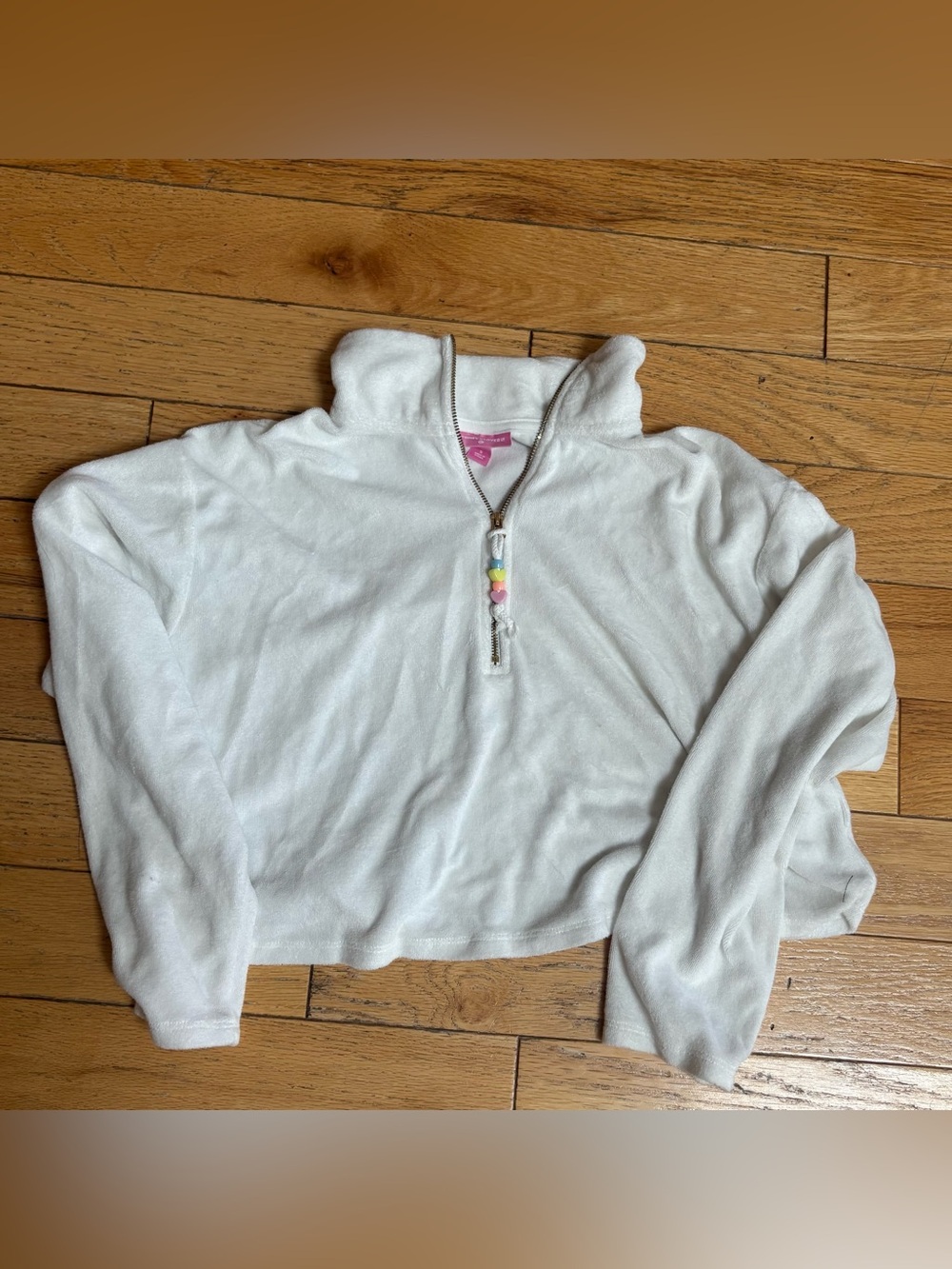 Stoney Clover Lane White Fleece Quarter-Zip Hoodie with Pastel Heart Beads
